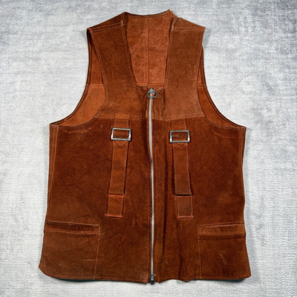 Vintage 1970s Suede Leather Vest Womans Medium Brown Buckle Western Biker Boho